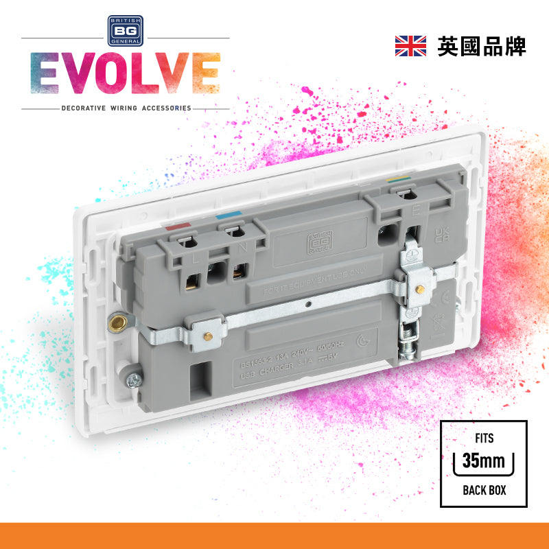 英國  BRITISH GENERAL EVOLVE 系列雙位 13A 連 USB 拋光白色開關插座