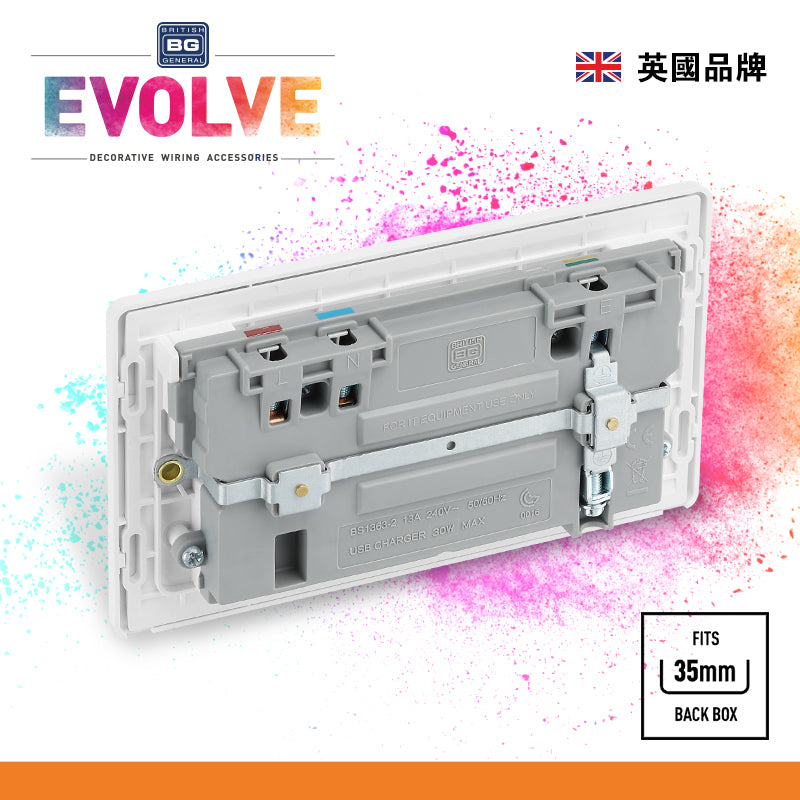英國  BRITISH GENERAL EVOLVE 系列雙位 13A 連 Type A & C 拋光白色開關插座