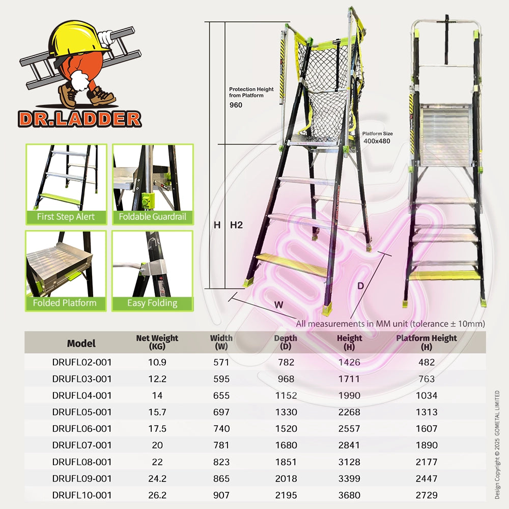DR.LADDER UNIFOLD LITE 玻璃纖維折疊梯｜EN131 認證工業級梯具，125mm超薄收納，防滑安全設計，一體成型可鎖平台防踏空，輕量便攜推薦  摺叠 纖維平台梯 DRUFL-001 系列式 DR.LADDER UNIFOLD LITE 摺叠 纖維平台梯 DRUFL-001 系列式 
