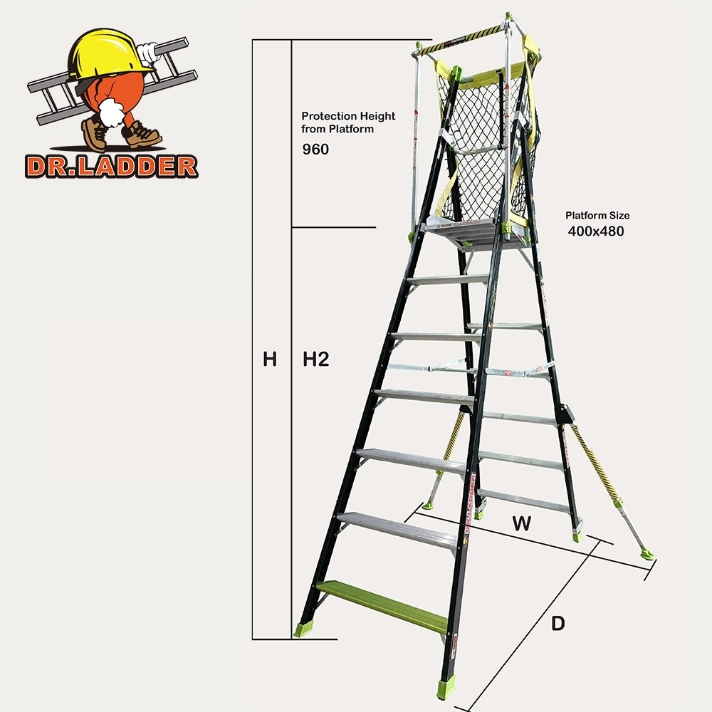安全梯 工作台 配備穩定架 可調式 設防滑底座。進階版 DR.LADDER Unifold Lite DRUFL-007 系列 玻璃纖維折疊梯，125mm超薄收納，防滑安全設計，一體成型可鎖平台防踏空，輕量便攜推薦  摺叠 纖維平台梯