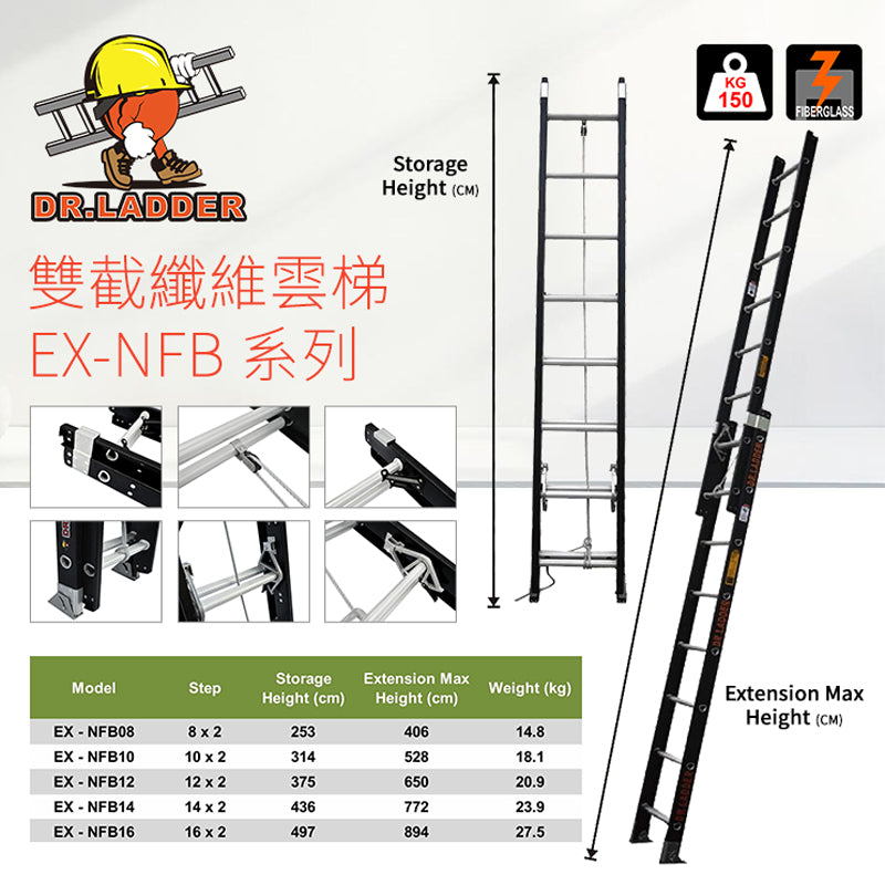 安全梯。伸縮梯。纖維雲梯。DR.LADDER 雙截纖維雲梯 EX-NFB 系列