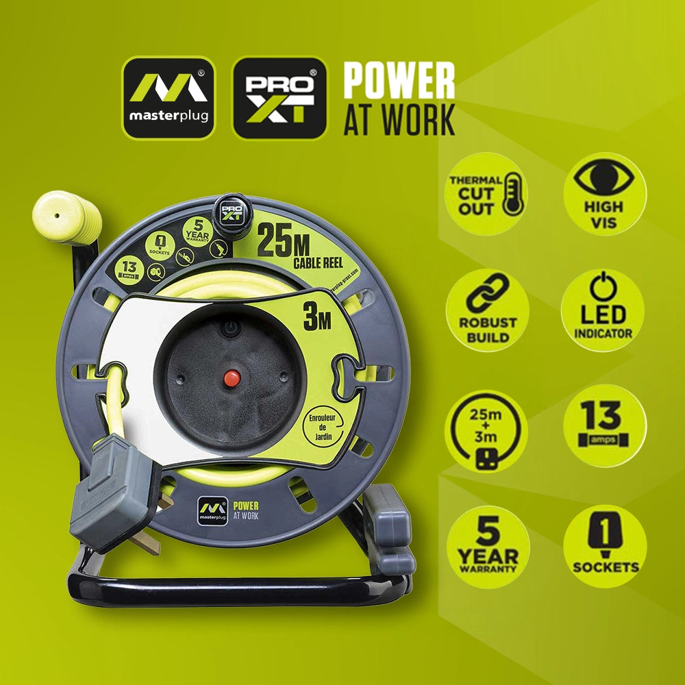 英國 Masterplug PRO-XT 反向電線收納設計拖轆 25+3米 IP54 防濺水防塵插位 OMU2513FL3IP