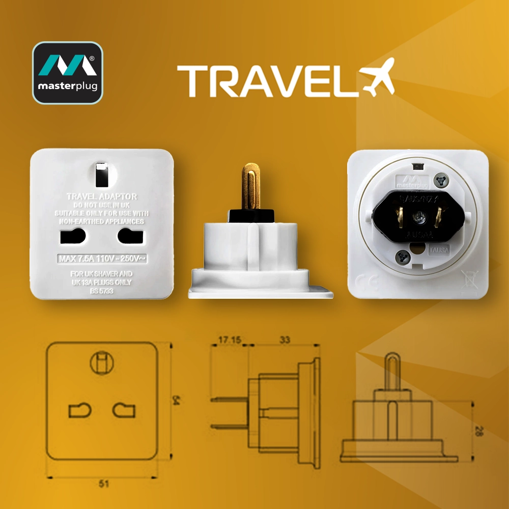 英國品牌 Masterplug 旅行轉換插頭 (兩件裝 TAUSA) 三腳-轉-兩腳扁頭 (合用國家-日本-加拿大-美國-澳大利亞-中國) 