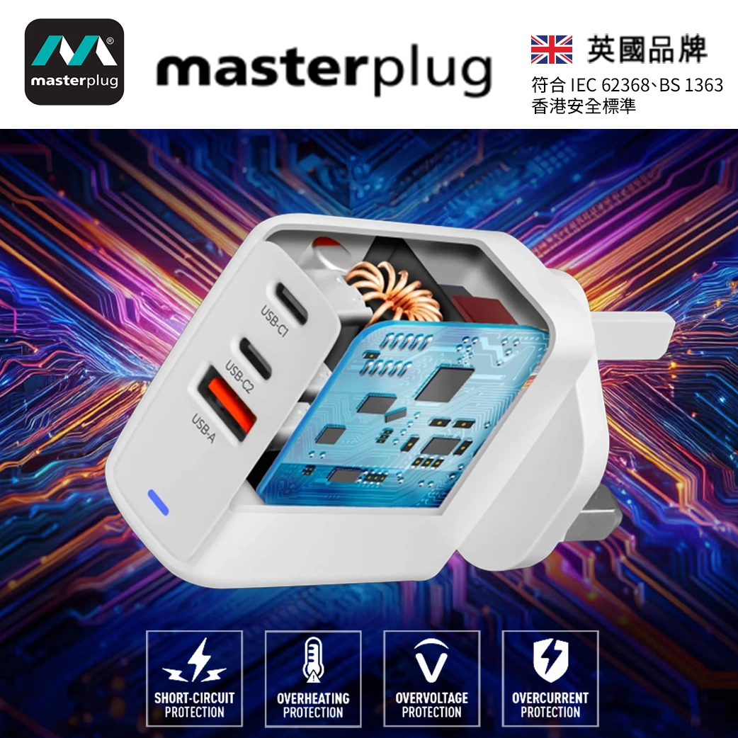 香港安全標準 67W Turbo 智能 輕巧 家用/旅行佳宜 英國 Masterplug PLGACC67W/U 13A 智能 USB 插頭 - 3T 三行店