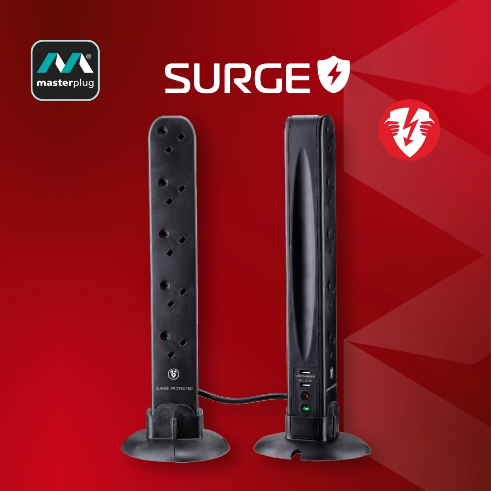 英國 Masterplug 10 x 13A Tower 直立-水平 2 x USB 2.1A 線長 2米 防雷拖板 MP SRGU102B