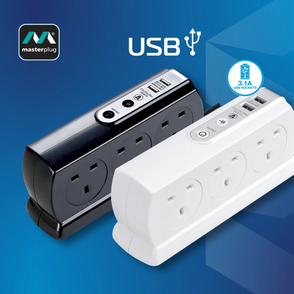 英國 Masterplug 6 x 13A 背靠背設計 2 x USB 3.1A 線長 2米/3米 防雷拖板 SRGDSU63PB / SRGDSU62PW
