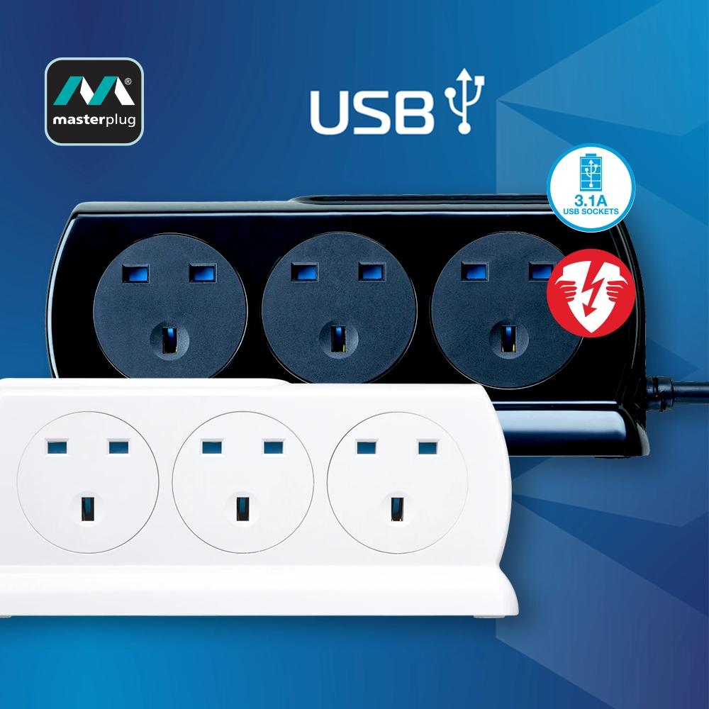 英國 Masterplug 6 x 13A 背靠背設計 2 x USB 3.1A 線長 2米/3米 防雷拖板 SRGDSU63PB / SRGDSU62PW