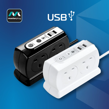 英國 Masterplug 4 x 13A 背靠背設計 2 x USB 2.1A 線長 2米 防雷拖板
