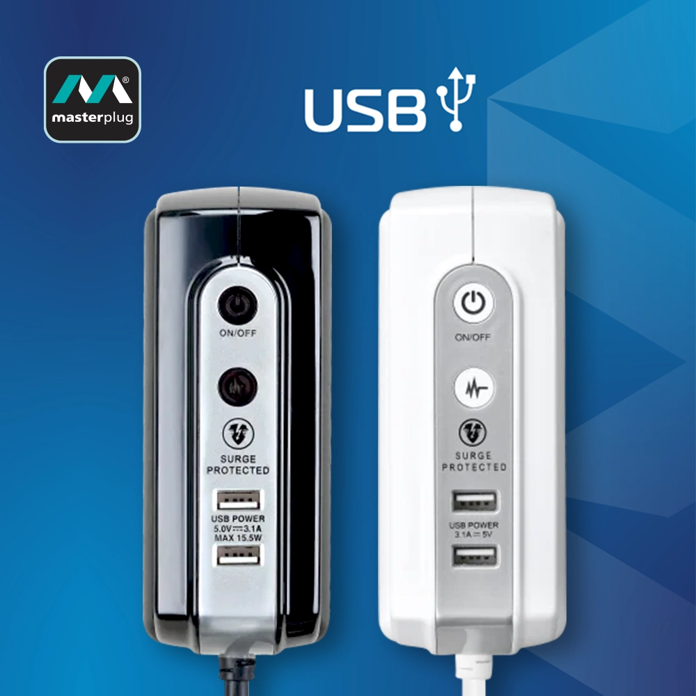 英國 Masterplug 4 x 13A 背靠背設計 2 x USB 2.1A 線長 2米 防雷拖板