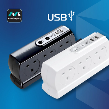 英國 Masterplug 6 x 13A 背靠背設計 2 x USB 2.1A 線長 2米 防雷拖板 SRGDU62MW2 / SRGDU62MB2