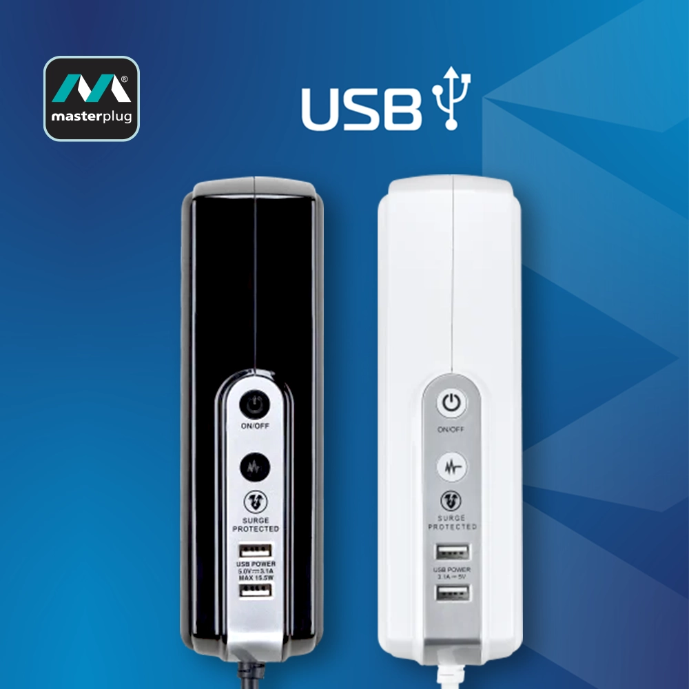 英國 Masterplug 6 x 13A 背靠背設計 2 x USB 2.1A 線長 2米 防雷拖板 SRGDU62MW2 / SRGDU62MB2