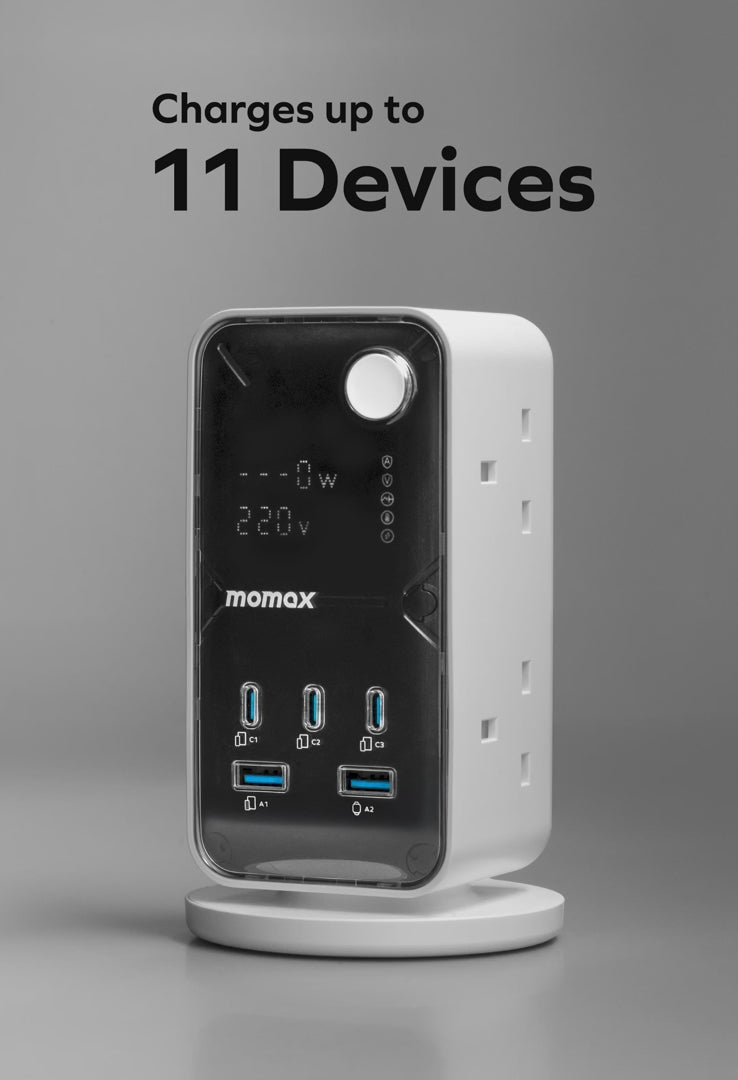 高達同時為 11 台裝置充電 PD 35W GaN 快速充電 momax 6 插座數位顯示電源盒 (附 USB)