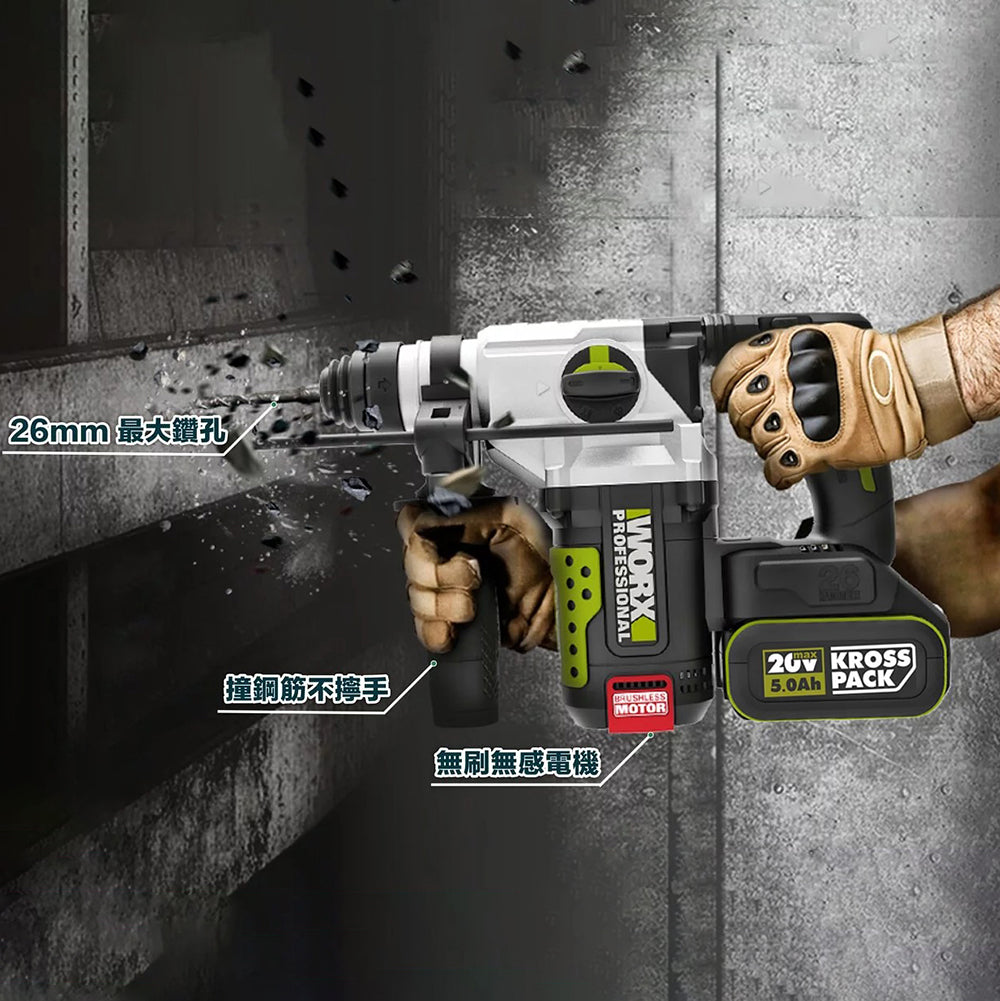 電錘 20V 充電式 鋰電 無刷電機 三用 錘鑽＋平鑽＋鏟鐅 WORX 威克士 WU389